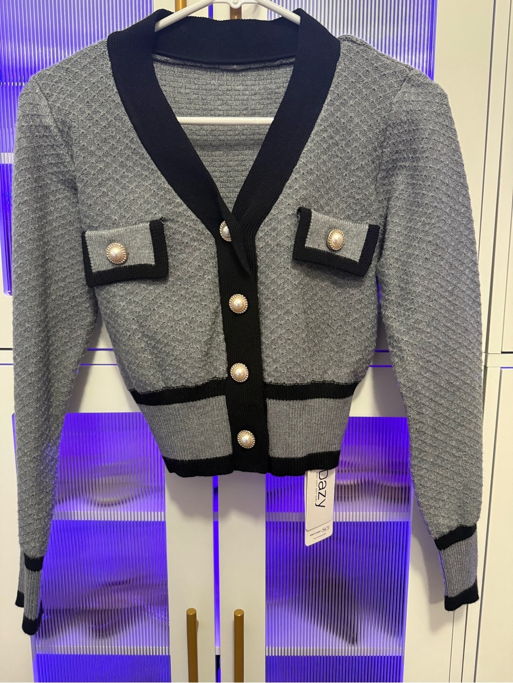 Crop Knit Cardigan Sweater with Contrast Trim - Gray